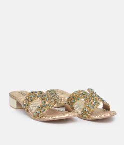Bottega Gold/Green Leather Embellished Slip On Sandal