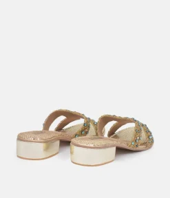 Bottega Gold/Green Leather Embellished Slip On Sandal