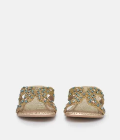 Bottega Gold/Green Leather Embellished Slip On Sandal