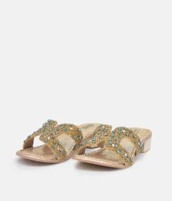 Bottega Gold/Green Leather Embellished Slip On Sandal