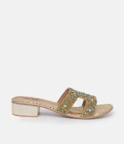 Bottega Gold/Green Leather Embellished Slip On Sandal