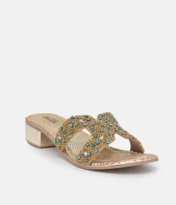 Bottega Gold/Green Leather Embellished Slip On Sandal