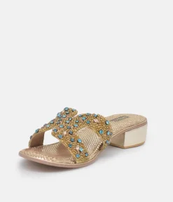 Bottega Gold/Green Leather Embellished Slip On Sandal