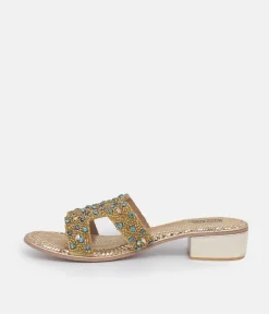 Bottega Gold/Green Leather Embellished Slip On Sandal