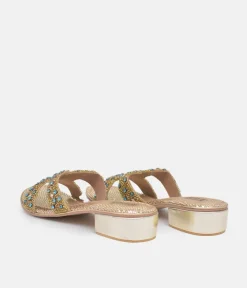 Bottega Gold/Green Leather Embellished Slip On Sandal