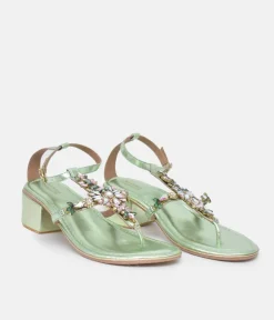 Bottega Metallic Green Embellished Block Heel Sandal
