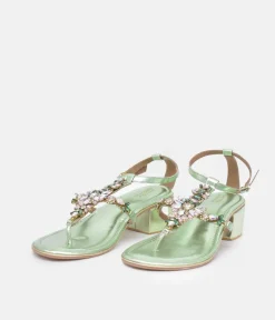 Bottega Metallic Green Embellished Block Heel Sandal