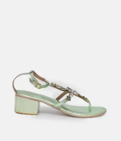 Bottega Metallic Green Embellished Block Heel Sandal