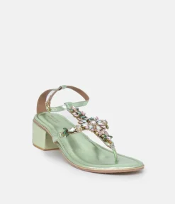 Bottega Metallic Green Embellished Block Heel Sandal