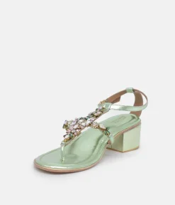 Bottega Metallic Green Embellished Block Heel Sandal