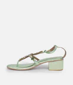 Bottega Metallic Green Embellished Block Heel Sandal