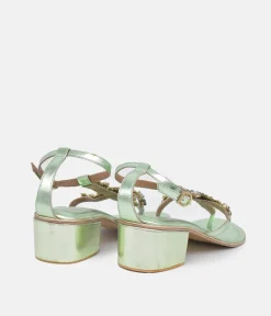 Bottega Metallic Green Embellished Block Heel Sandal