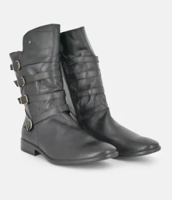 Cinderella Shoes Black Leather Buckle Midi Boots