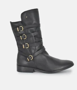 Cinderella Shoes Black Leather Buckle Midi Boots