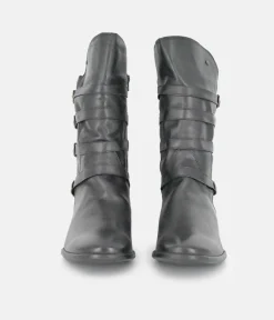 Cinderella Shoes Black Leather Buckle Midi Boots