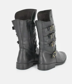 Cinderella Shoes Black Leather Buckle Midi Boots