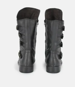 Cinderella Shoes Black Leather Buckle Midi Boots