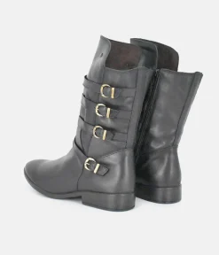 Cinderella Shoes Black Leather Buckle Midi Boots