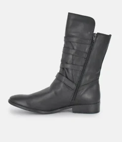 Cinderella Shoes Black Leather Buckle Midi Boots