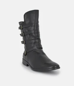 Cinderella Shoes Black Leather Buckle Midi Boots