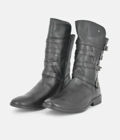 Cinderella Shoes Black Leather Buckle Midi Boots