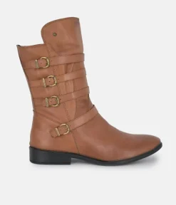 Cinderella Shoes Brown Leather Buckle Midi Boots