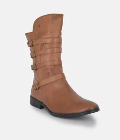 Cinderella Shoes Brown Leather Buckle Midi Boots