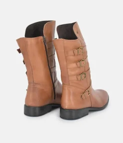 Cinderella Shoes Brown Leather Buckle Midi Boots