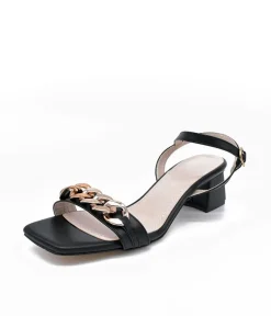 Classy Black Block Heel Chain Sandals