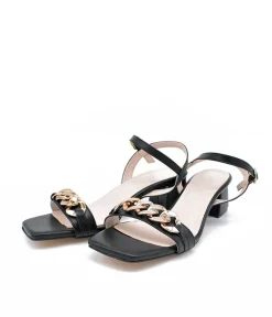 Classy Black Block Heel Chain Sandals