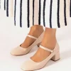 Cute Beige Patent Mary Jane Block Heels