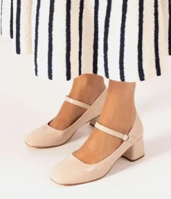 Cute Beige Patent Mary Jane Block Heels