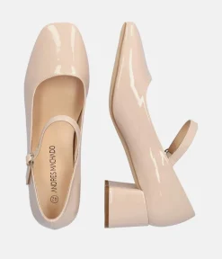 Cute Beige Patent Mary Jane Block Heels