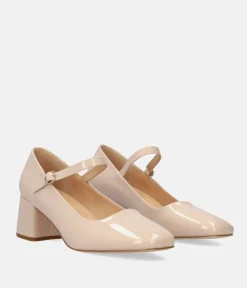 Cute Beige Patent Mary Jane Block Heels