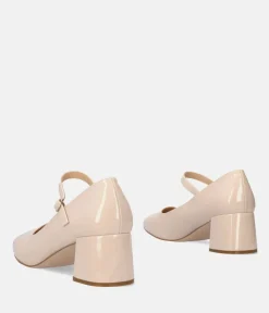 Cute Beige Patent Mary Jane Block Heels
