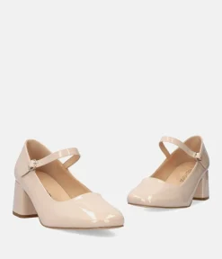 Cute Beige Patent Mary Jane Block Heels