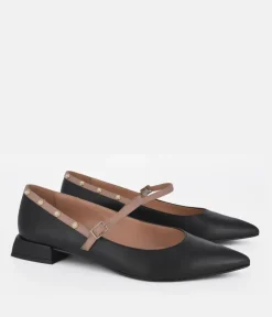 Dansi Classy Black/Taupe Leather Mary Jane Flats