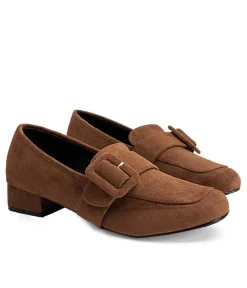 Dressy Brown Faux Suede Buckle Slip On Shoe
