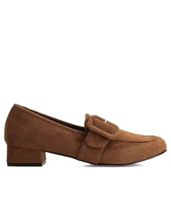 Dressy Brown Faux Suede Buckle Slip On Shoe