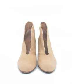 Elegant Beige Suede V Cut Heeled Shoe Boot