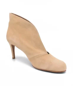 Elegant Beige Suede V Cut Heeled Shoe Boot