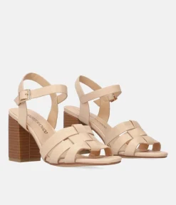 Fashionable Beige High Heel Block Sandals