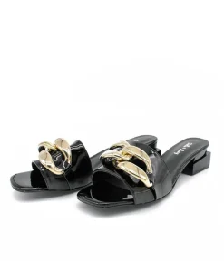 Fashionable Black Patent Link Detail Mules