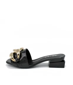 Fashionable Black Patent Link Detail Mules