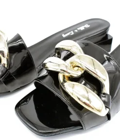 Fashionable Black Patent Link Detail Mules