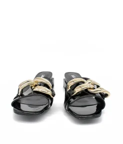 Fashionable Black Patent Link Detail Mules