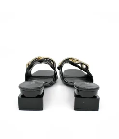 Fashionable Black Patent Link Detail Mules
