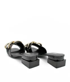 Fashionable Black Patent Link Detail Mules