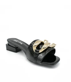 Fashionable Black Patent Link Detail Mules