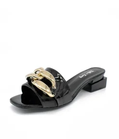 Fashionable Black Patent Link Detail Mules